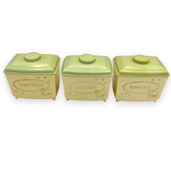 Vintage Baby Nursery Plastic Footed Organizing Jars Pale Yellow Green Lids - Picture 7 of 16